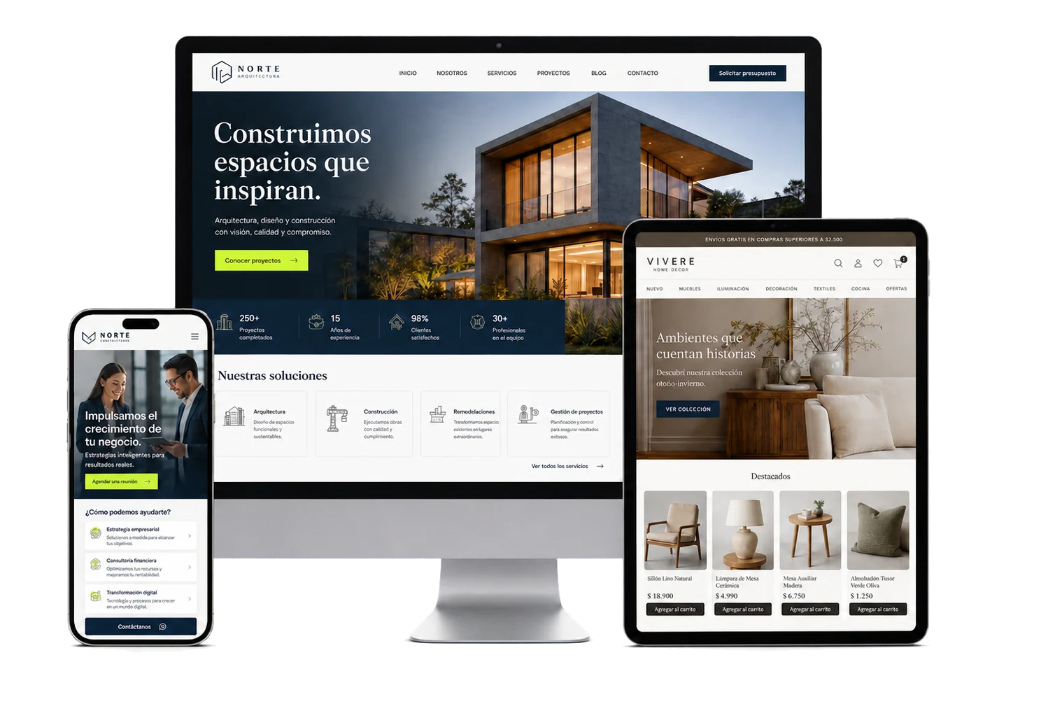 Sitios web profesionales mostrados en computadora, tablet y celular
